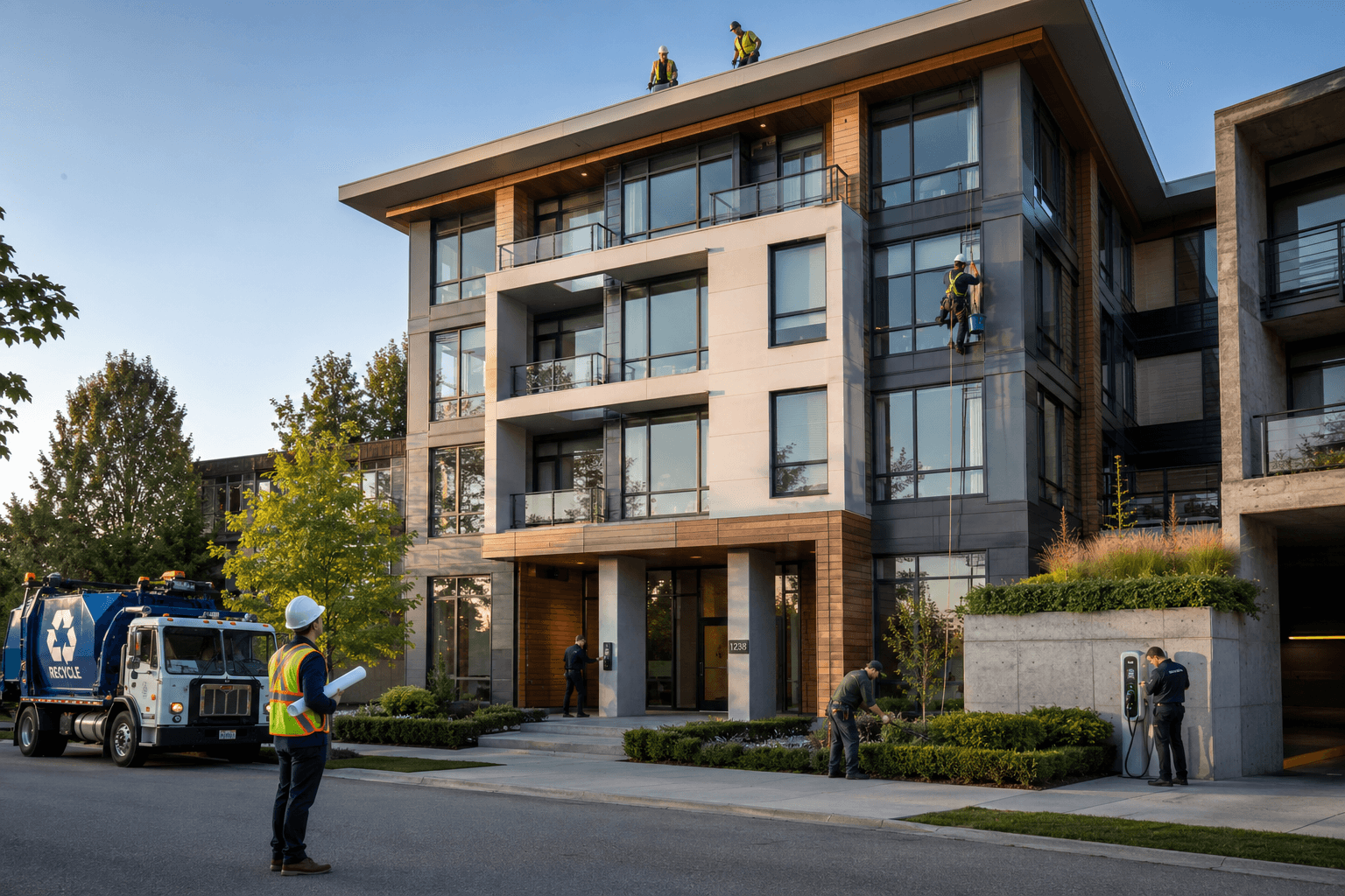 Maintenance crews at work on a modern strata building - a window cleaner rappelling down the wall, workers on the roof, a landscaper trimming the hedges, and a supervisor reviewing plans out front.
